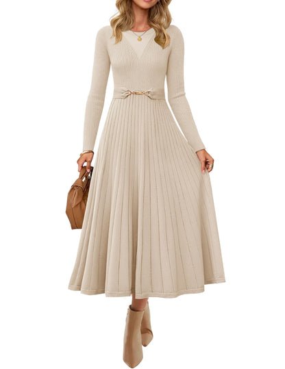 Women's Long Sleeve Pleated Knit Midi Dress