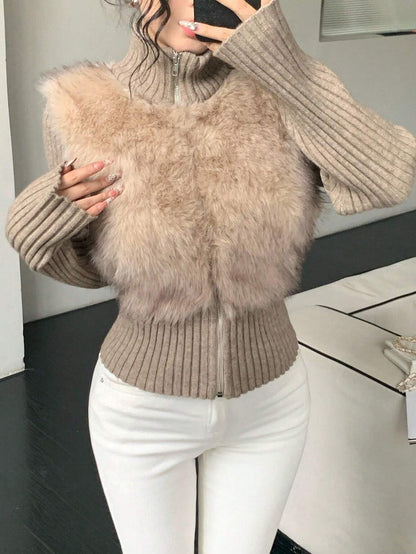 Women's High Collar Faux Fur Zip Cardigan