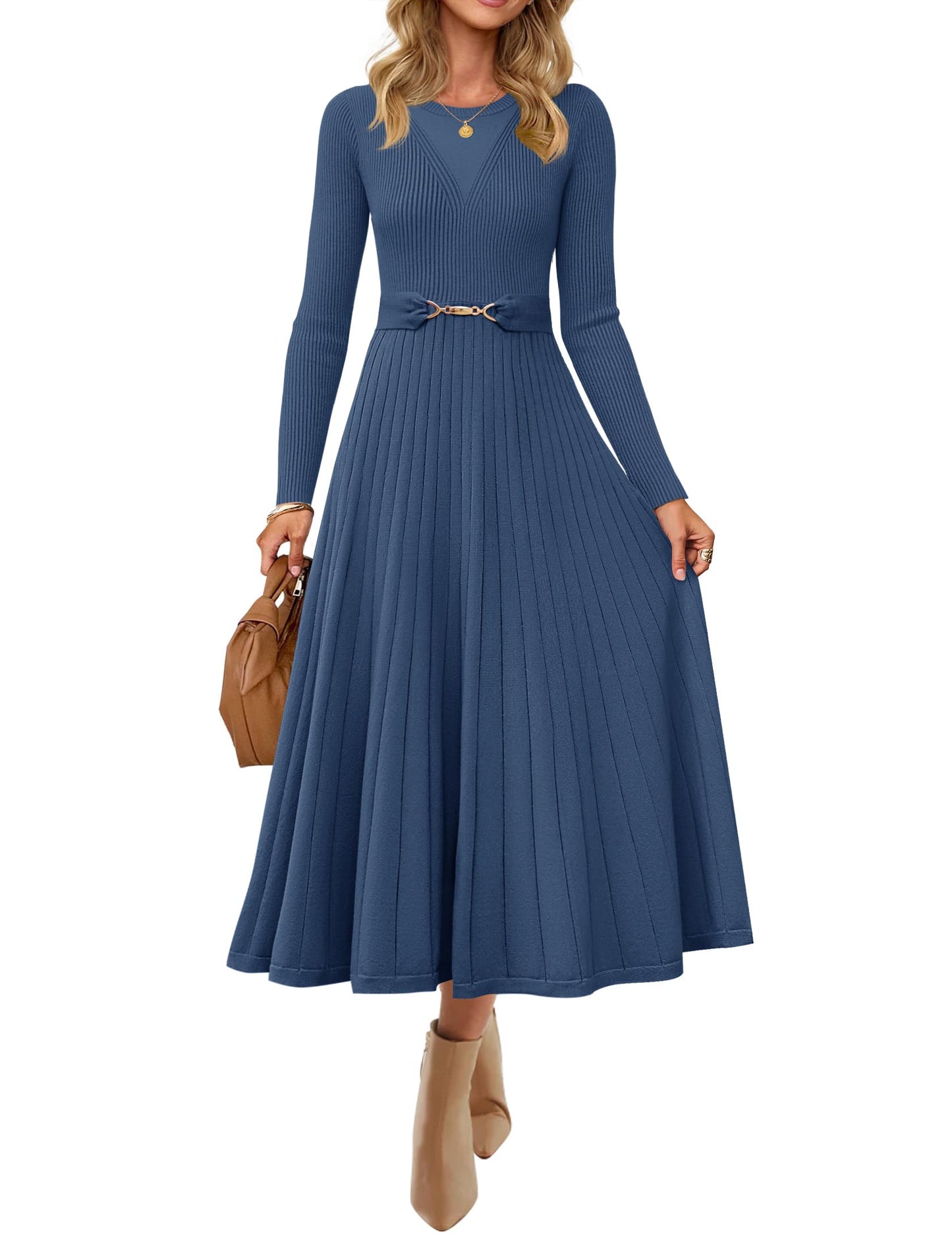 Women's Long Sleeve Pleated Knit Midi Dress