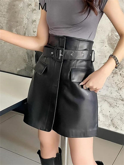 Women's High Waist Genuine Leather Mini Skirt