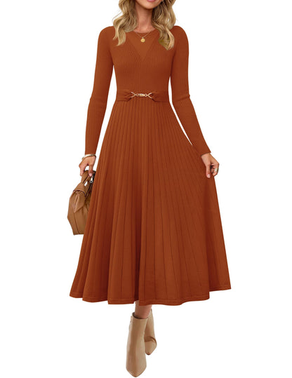 Women's Long Sleeve Pleated Knit Midi Dress