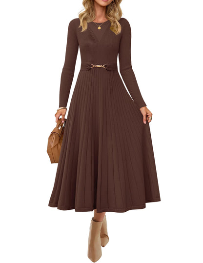 Women's Long Sleeve Pleated Knit Midi Dress