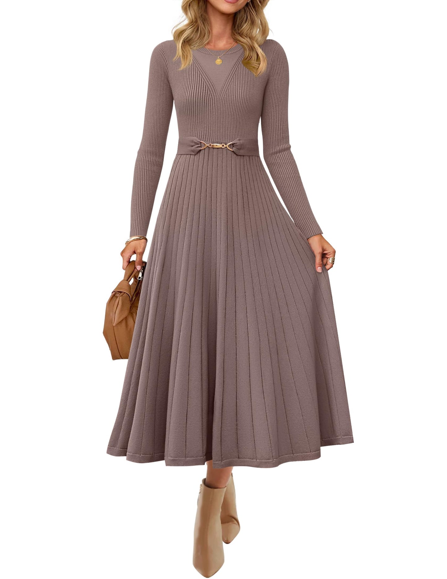 Women's Long Sleeve Pleated Knit Midi Dress