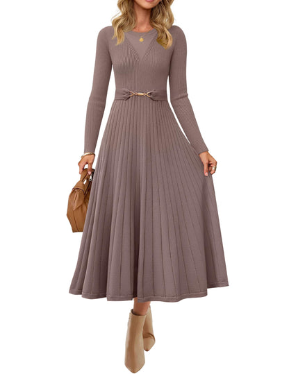 Women's Long Sleeve Pleated Knit Midi Dress